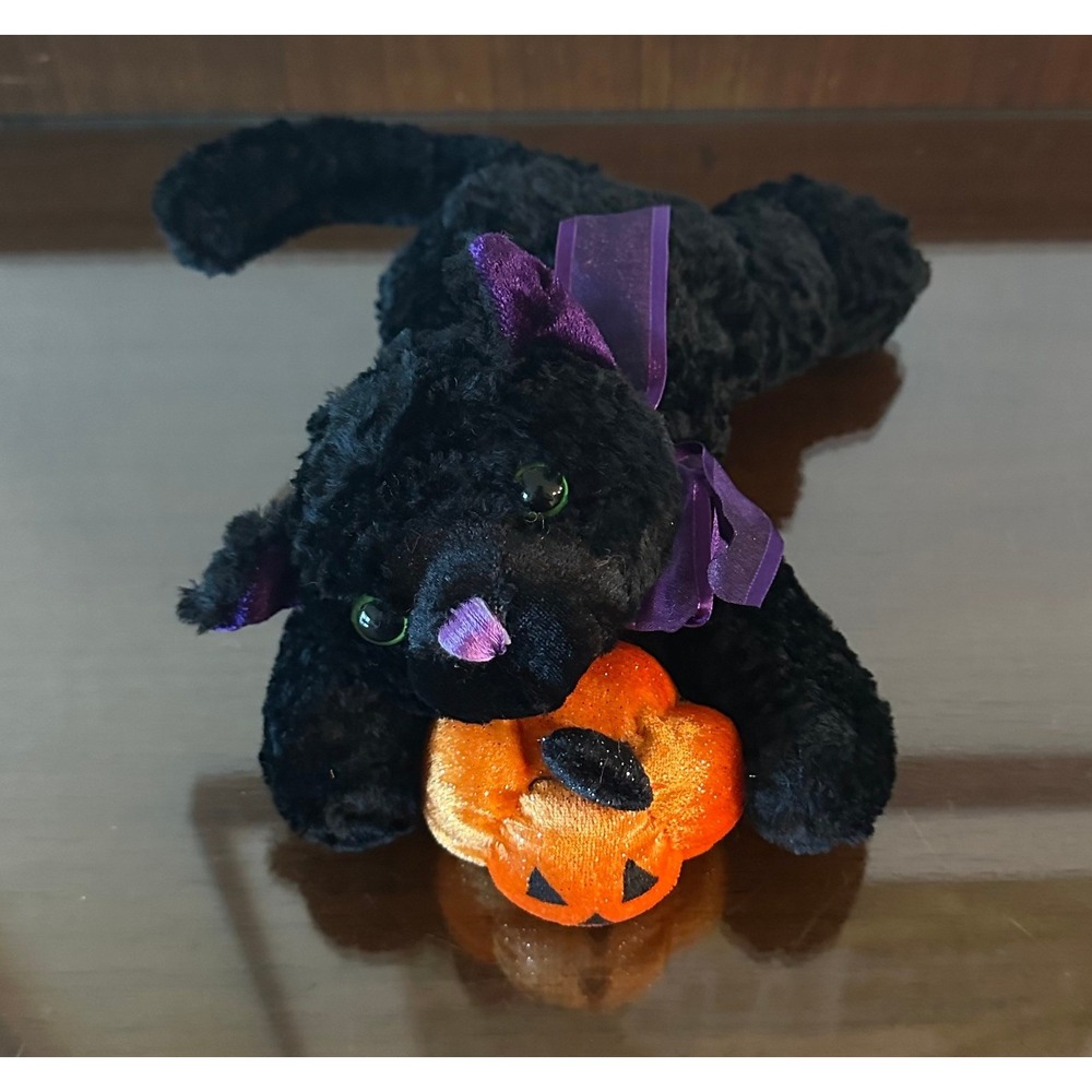 Dan Dee Halloween‎ Black Cat Plush with Pumpkin and Purple Bow Stuffed Animal